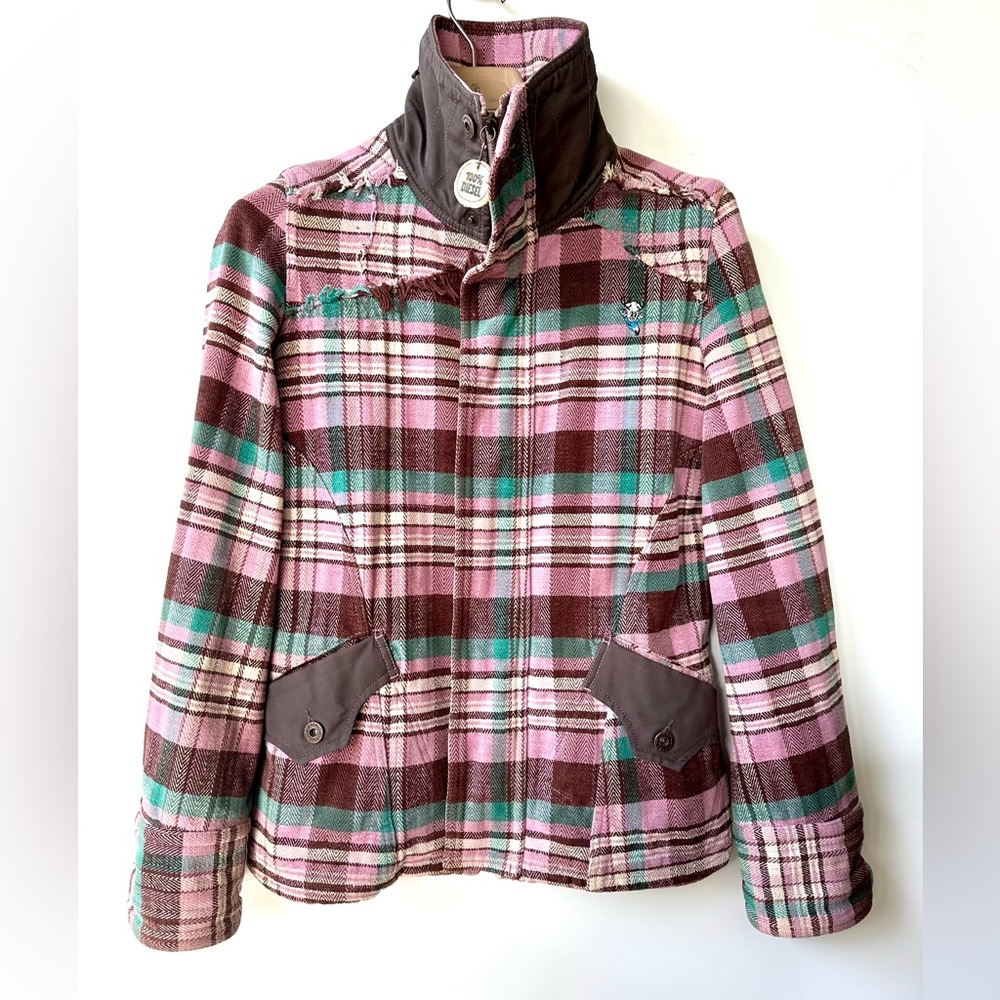 Diesel Fitted Plaid Herringbone Tweed Jacket, pink & teal, size S